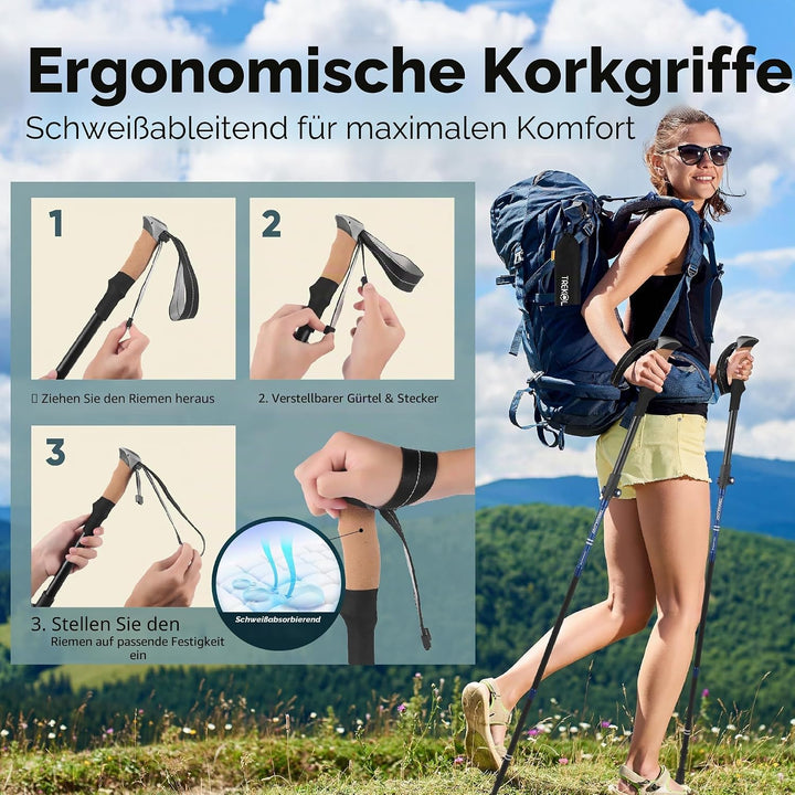 TREKOLOGY Wanderstöcke Faltbar – Leichte, Verstellbare Aluminium Walking Stöcke mit Korkgriffen – Ko