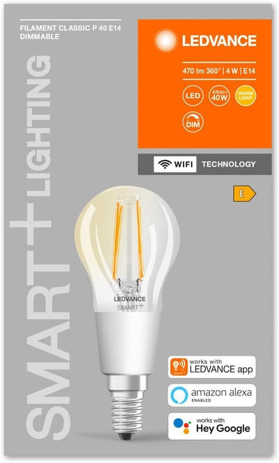 LEDVANCE Smarte LED-Lampe mit Wifi Technologie, Sockel E14, Dimmbar, Warmweiss (2700K), Tropfenform,