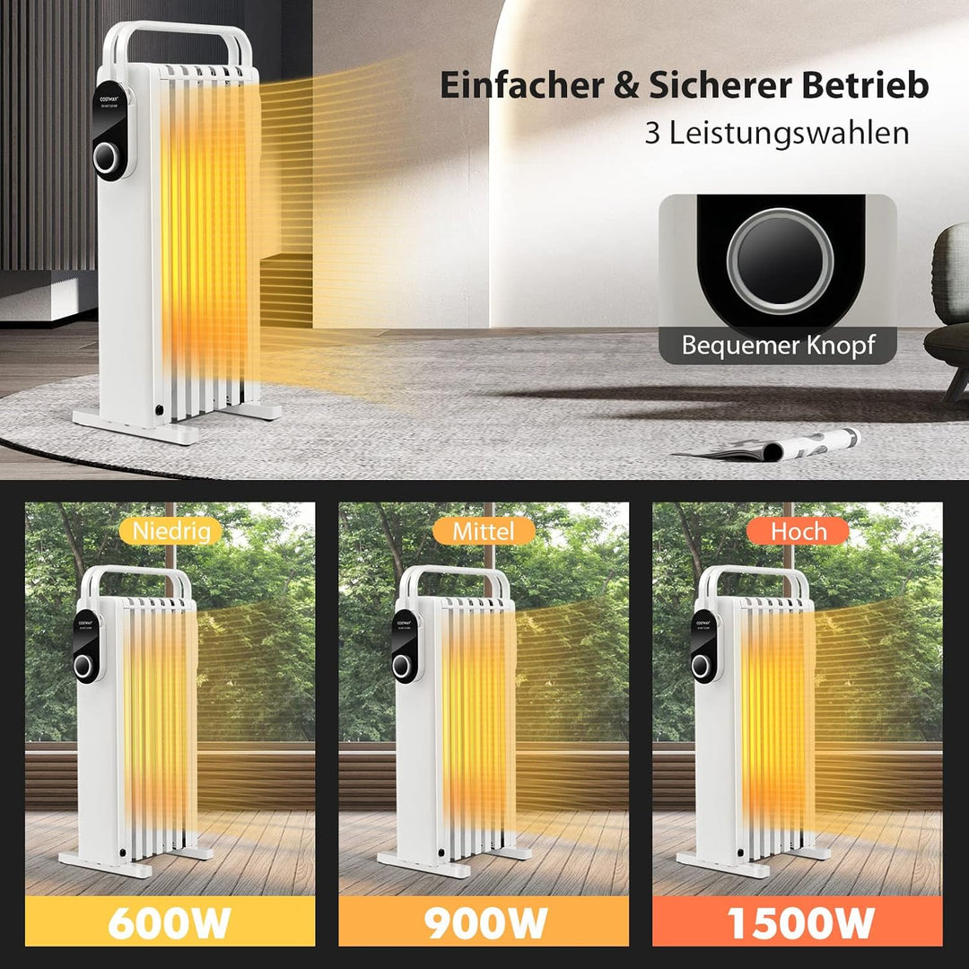 COSTWAY 1500W Ölradiator 7 Rippen Heizkörper 5-35℃, elektrische Heizung 3 Heizstufen mobil mit Räder