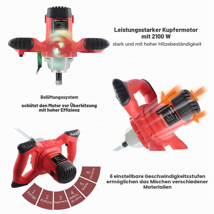 BriSunshine Mörtelrührer Rührgerät (2100W, 0-800r/min Drehzahl, 6 einstellbaren Geschwindigkeiten, A