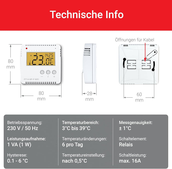 ELEKTROBOCK PT14-NP-P WiFi - Smart WLAN Raumthermostat 230V - Heizungssteuerung per APP – Aufputzmon