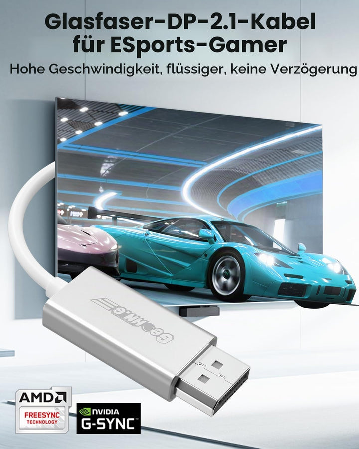 Displayport 2.1 Glasfaserkabel 2M, DP 2.1 Kabel [16K30Hz, 8K60Hz, 4K240Hz], Superflexibles Display P