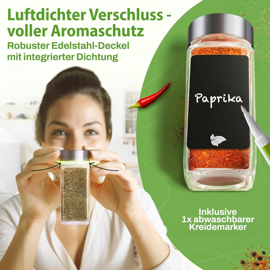 LAEVU Gewürzgläser eckig - 24er Gewürzgläser Set aus Glas [120 ml] - Gewürzgläser mit Streueinsatz i