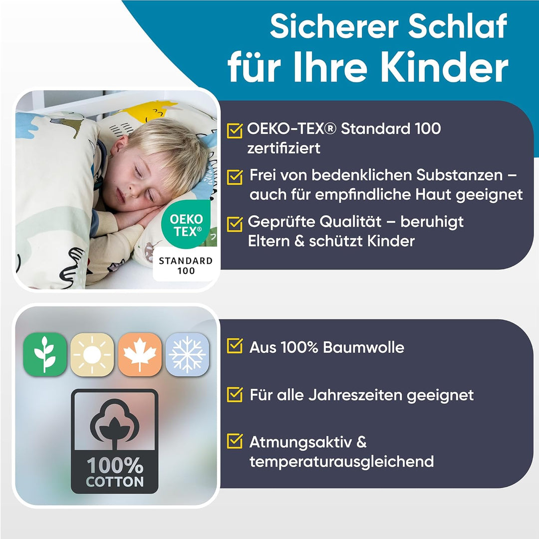 BELIKATO Kinderbettwäsche 100x135 aus 100% Baumwolle mit Dino-Motiven - Kinder- und Baby-Bettwäsche
