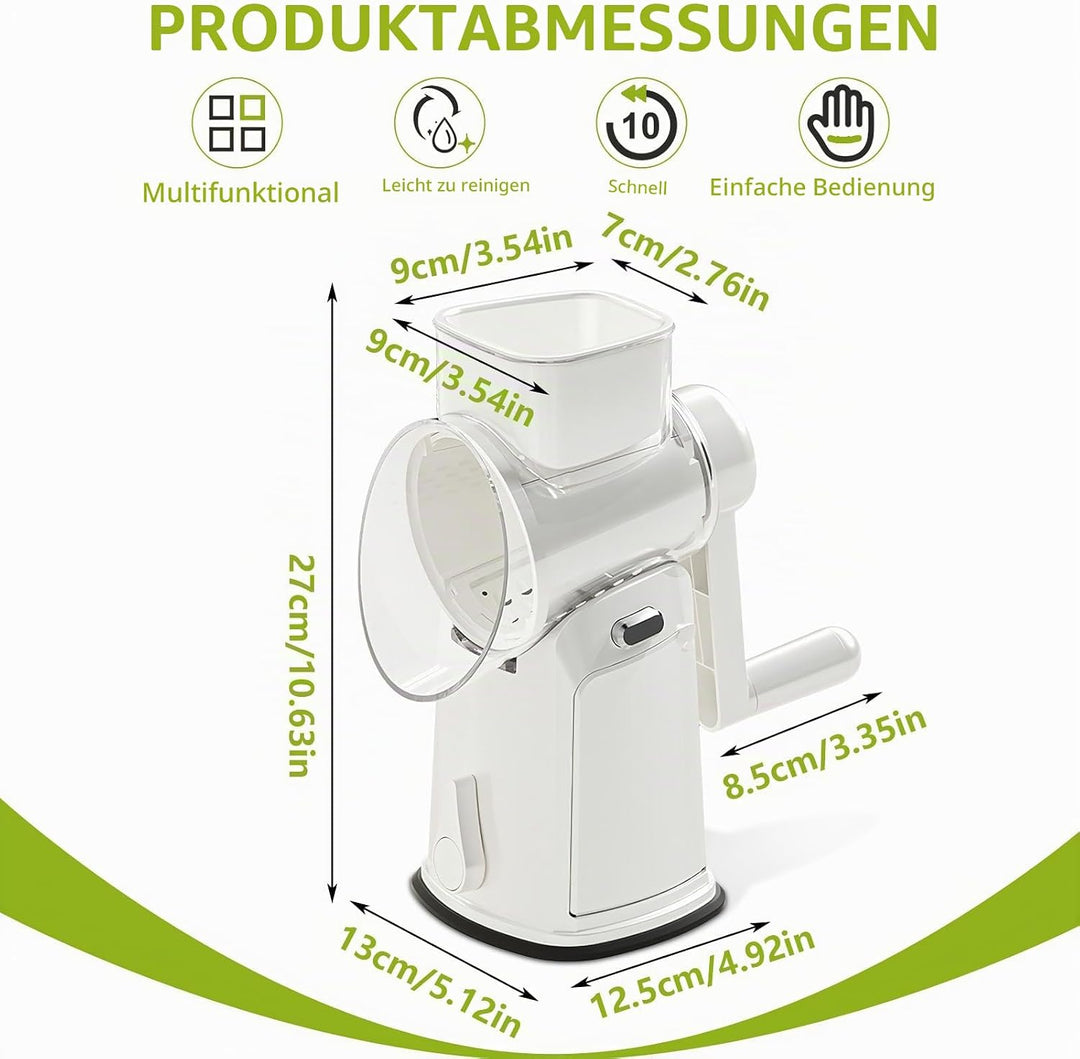 Gemüsereibe mit Kurbel, dellyy 5 Klingen Sets, Edelstahl Trommelreibe, Verstecktes Aufbewahrungsfach