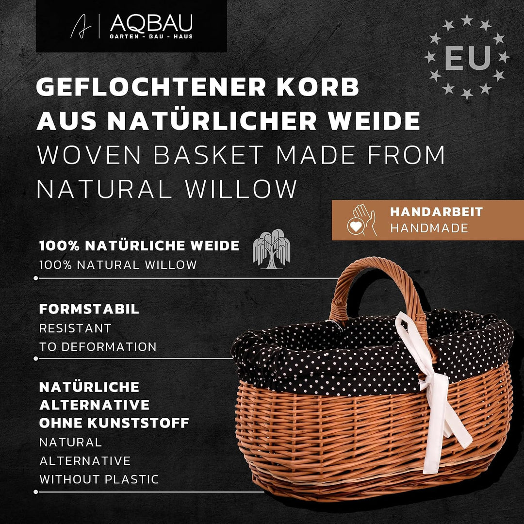 Weidenkorb mit Henkel gross – Einkaufskorb aus Naturweide mit Stoffeinlage (3 Designs) – Picknickkor