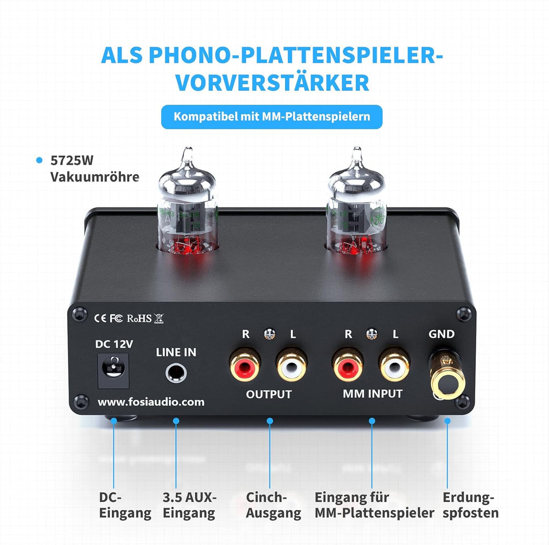 Fosi Audio X4 HiFi Phono Röhren Vorverstärker, Hi-Fi Röhrenvorverstärker Kopfhörerverstärker, JAN 56