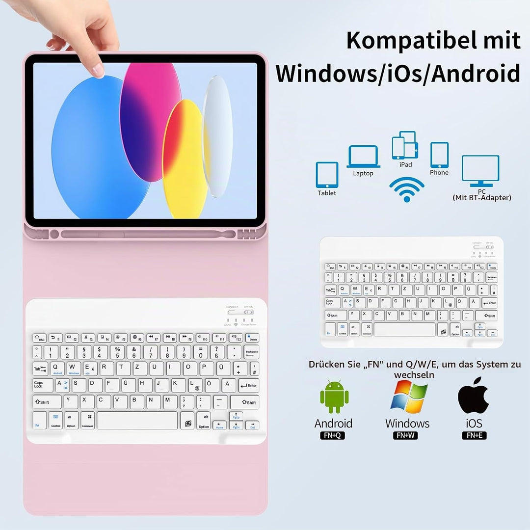 Tastatur Hülle für iPad (A16 /10.) 2025/2022 QWERTZ, Helles Rosa, Helles Rosa
