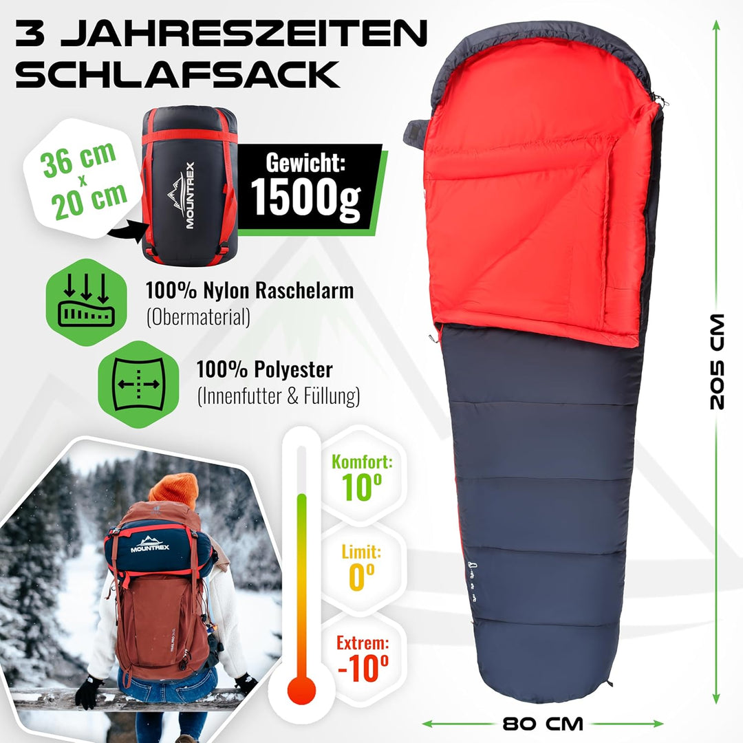 MOUNTREX® Schlafsack - Kleines Packmass & Ultraleicht (760g/1500g) - Outdoor Sommerschlafsack (100GS