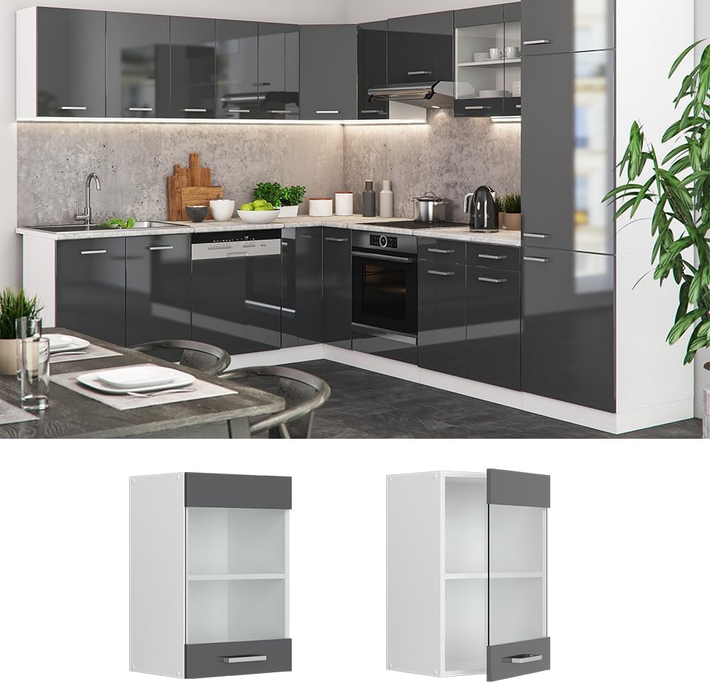 Vicco Küchenschrank Glas R-Line, Anthrazit Hochglanz/Weiss, 40 cm Anthrazit Hochglanz Hängeglasschra