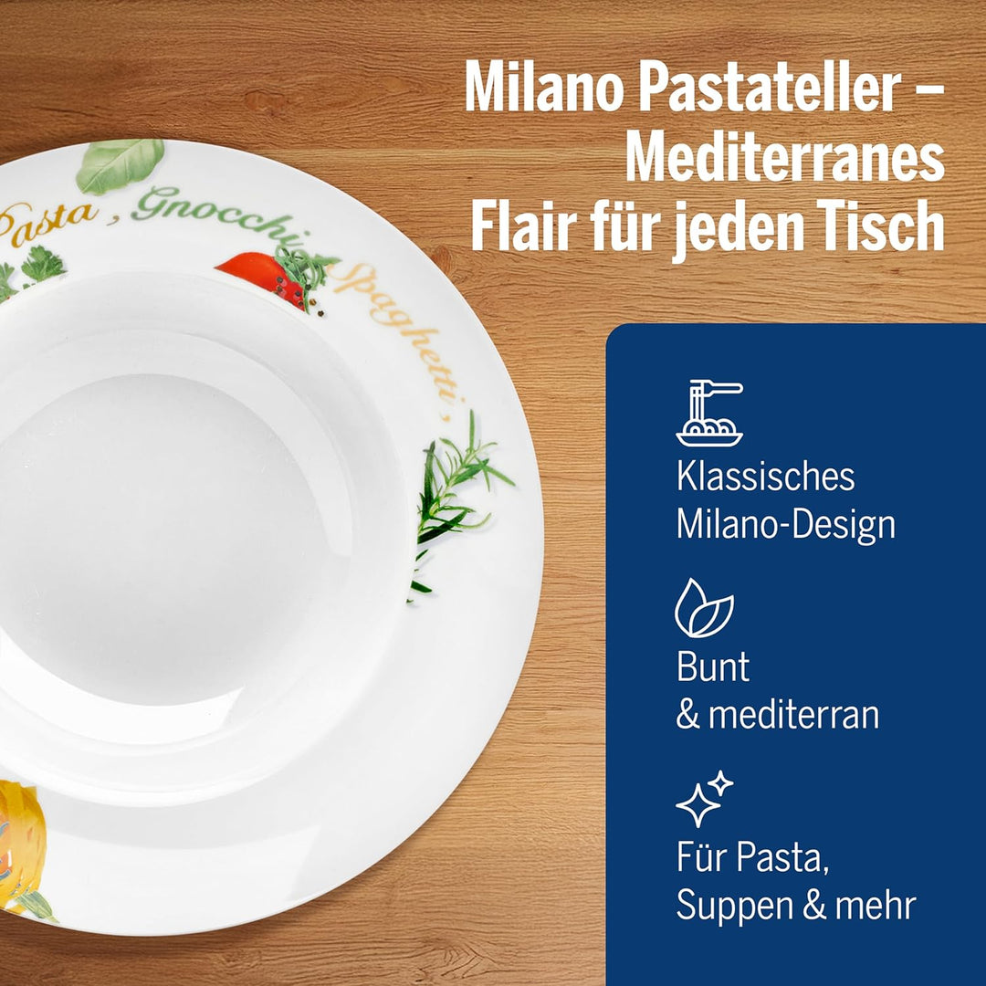 Van Well 6er Pasta-Teller-Set Milano mit Aufdruck I Ø 27 cm Porzellan-Teller I tiefe Nudelteller I S