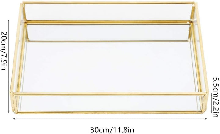 Retro Spiegeltablett, Dekotablett Gold Glastablett Tablett Vintage Metall Glas Aufbewahrungsbox Kosm