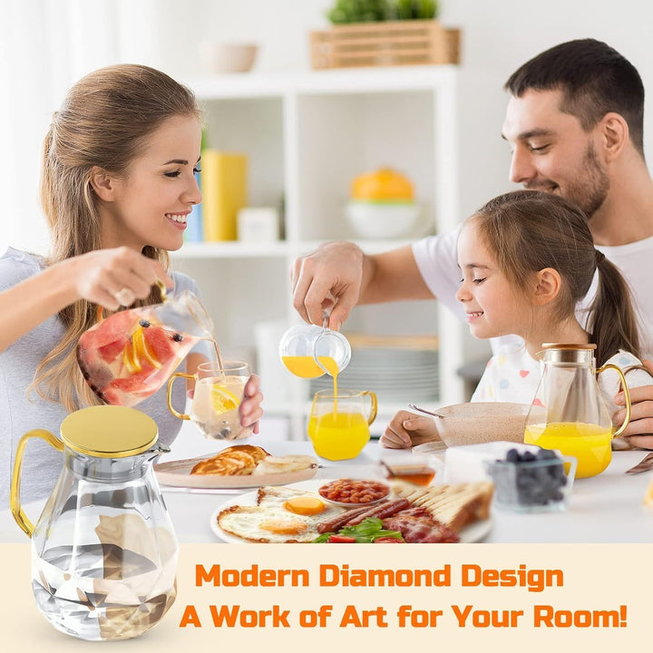 DUJUST Glaskaraffe mit goldenem Deckel 2 Liter, Wasserkaraffe im Modernen Diamant Design, Glaskrug m