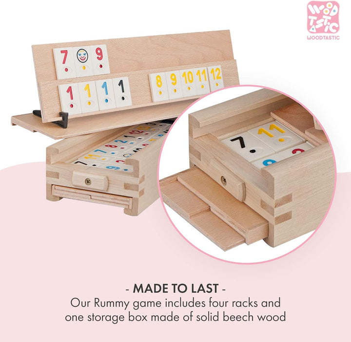 WOODTASTIC Rummy Spiel Medias - 106 Kacheln und eine Aufbewahrungsbox aus Massivem