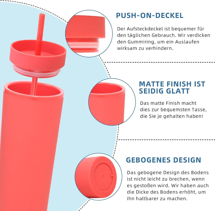 Volhoply 600ml Trinkbecher mit Deckel und Strohhalm Viererpack,Doppelwandiger Wiederverwendbar Reise