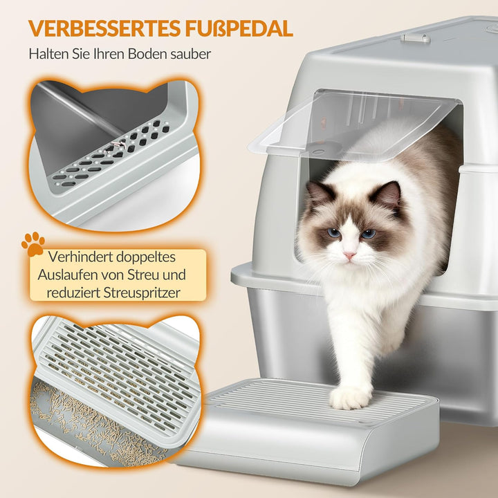 Edelstahl-Katzenklo mit Deckel, Geschlossene Katzentoilette, 180° Klappdeckel, Inklusive Pedal und S
