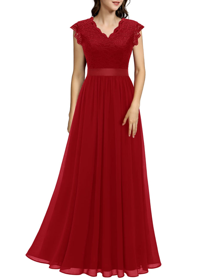 Dressystar Damen Spitzenkleid Elegant Hochzeit Abendkleider Maxi Cocktailkleid M Band_rot, M Band_ro