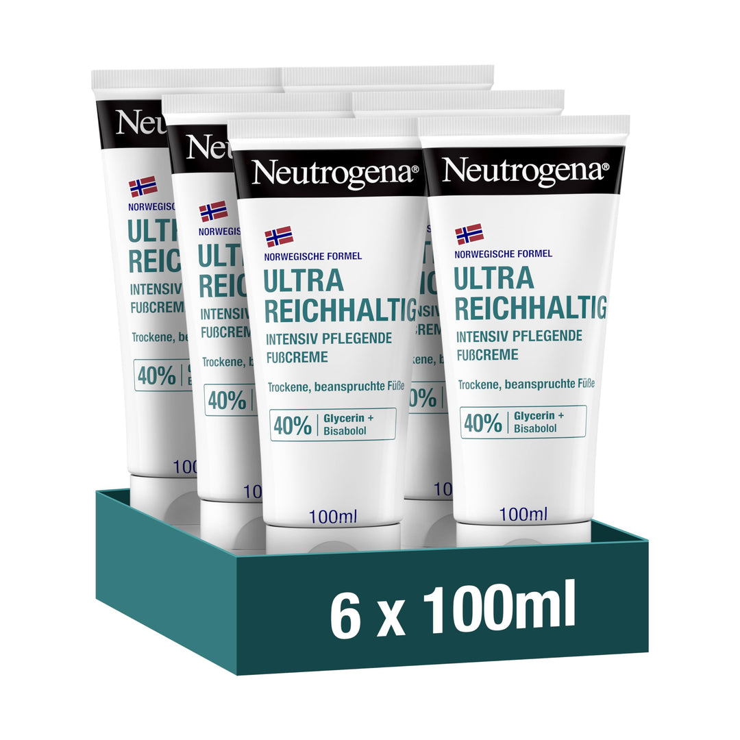 Neutrogena Sofort einziehende Fusscreme (6x100ml), feuchtigkeitsspendende Fusspflege Creme mit 15pro