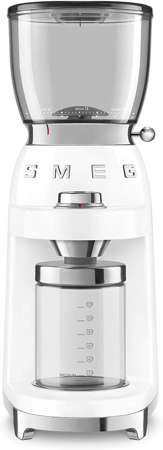 SMEG, Kaffeemühle CGF01WHEU, konisches Edelstahlmahlwerk, 30 Mahlgrad Einstellungen, 350 g Kaffeeboh