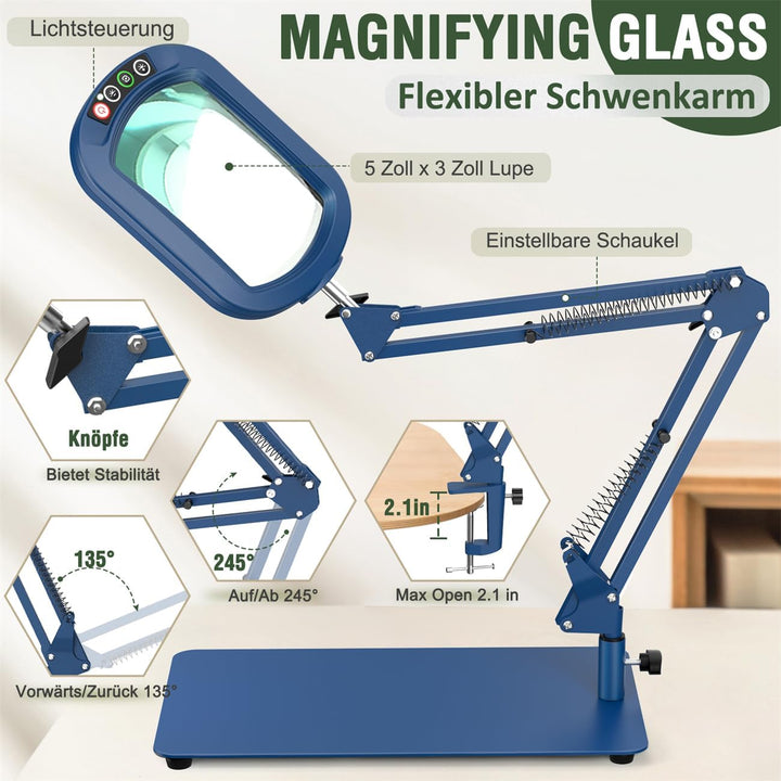Veemagni 10X Rectangle Lupe mit Licht und Ständer, 5 Farbmodi stufenlos dimmbar, 2-in-1 LED beleucht