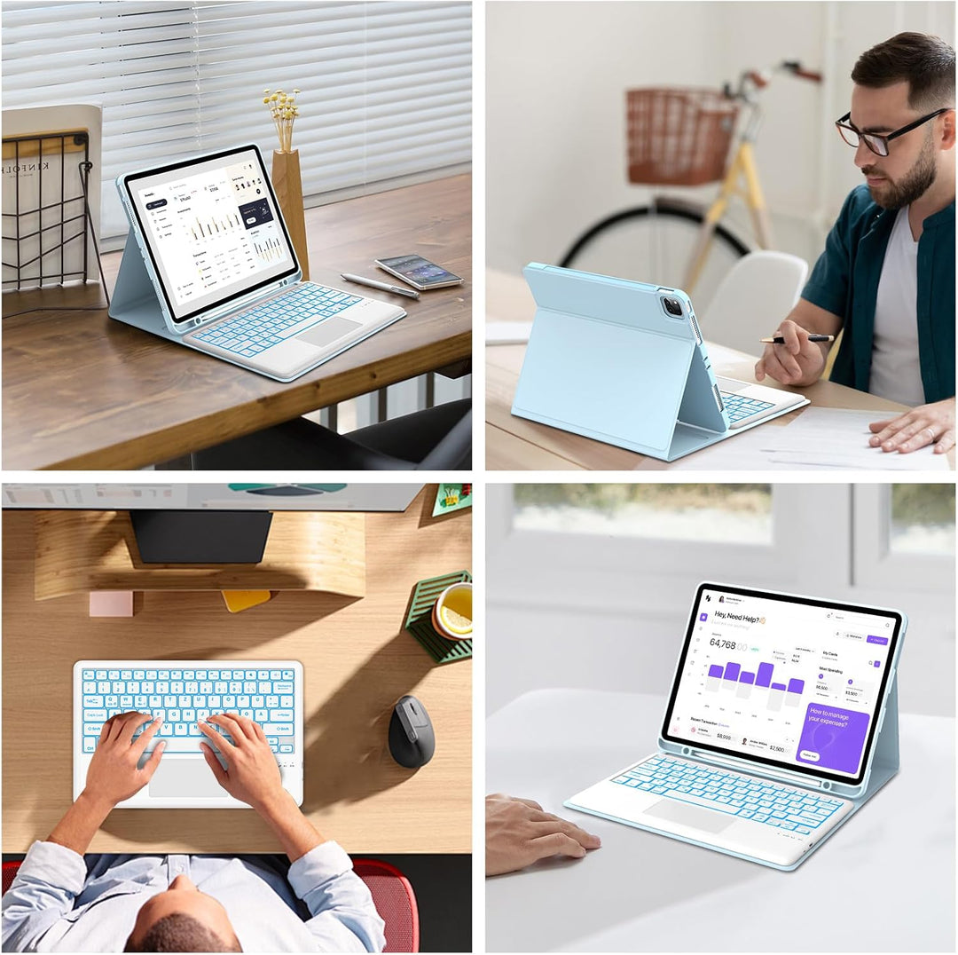 Hülle mit Tastatur für iPad Pro 12.9 (6/5/4/3 Gen), 7 Farben Beleuchtung, Multi Touch Trackpad, Deut