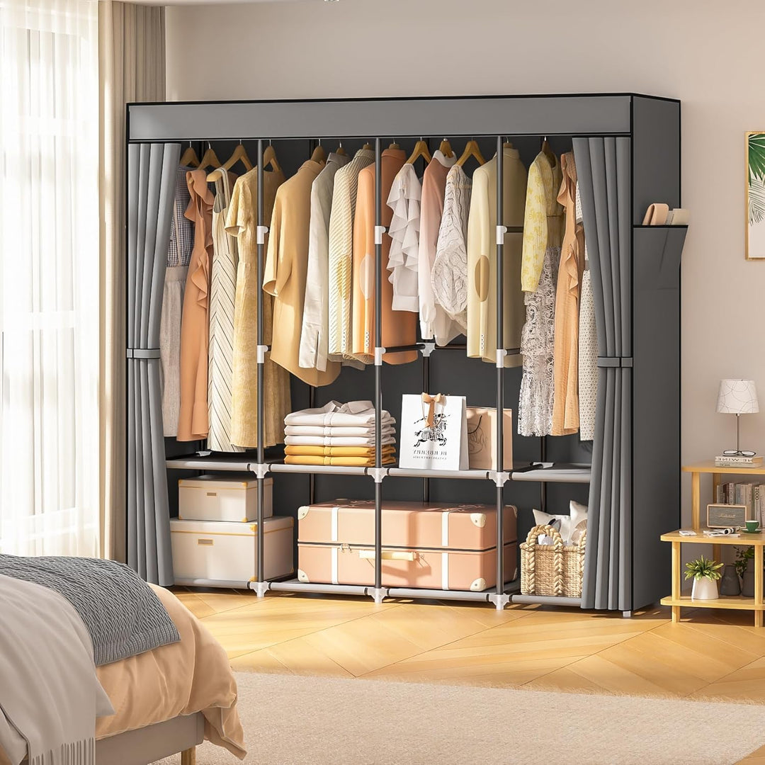 Neatrays Kleiderschrank, Stoffschrank mit 4 Kleiderstange Stabil & 8 Fächern, Faltbarer Kleiderschra