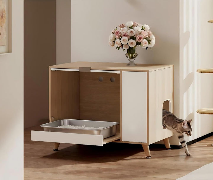 Katzenschrank mit Klappe nach Oben Tür &amp; Schublade, 80x50x60 cm | Katzentoilette Versteck als Beiste