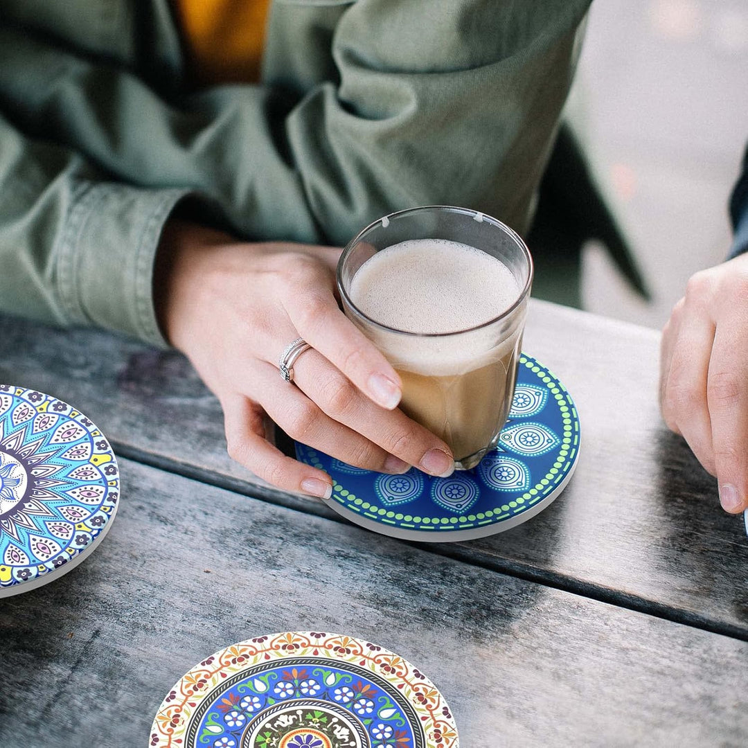 Untersetzer Getränke-8er Set Saugfähig Kork Keramik Glasuntersetzer,mit Metallhalter 4 Zoll Mandala-