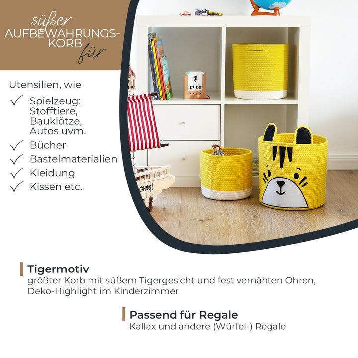 HMF Aufbewahrungskorb mit versteckten Griffen, 3er Set, Korb für Kinderzimmer aus Baumwolle | Tiger