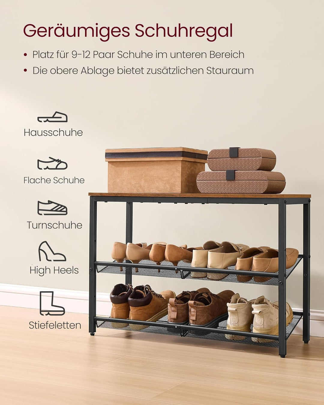 VASAGLE Schuhregal, Schuhablage, 3 Ebenen, grosse Oberfläche, verstellbare Gitterablagen, platzspare