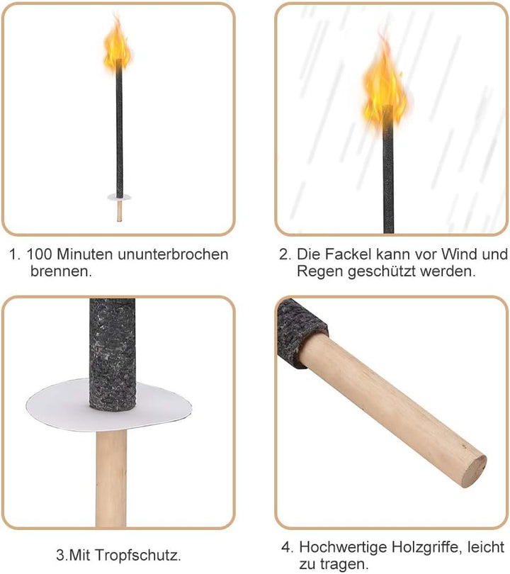 Tubiaz Wachsfackeln Brennzeit 100 min|100 Stück Fackeln Mit Handschutz|Garten-Fackeln Für Nachtwande