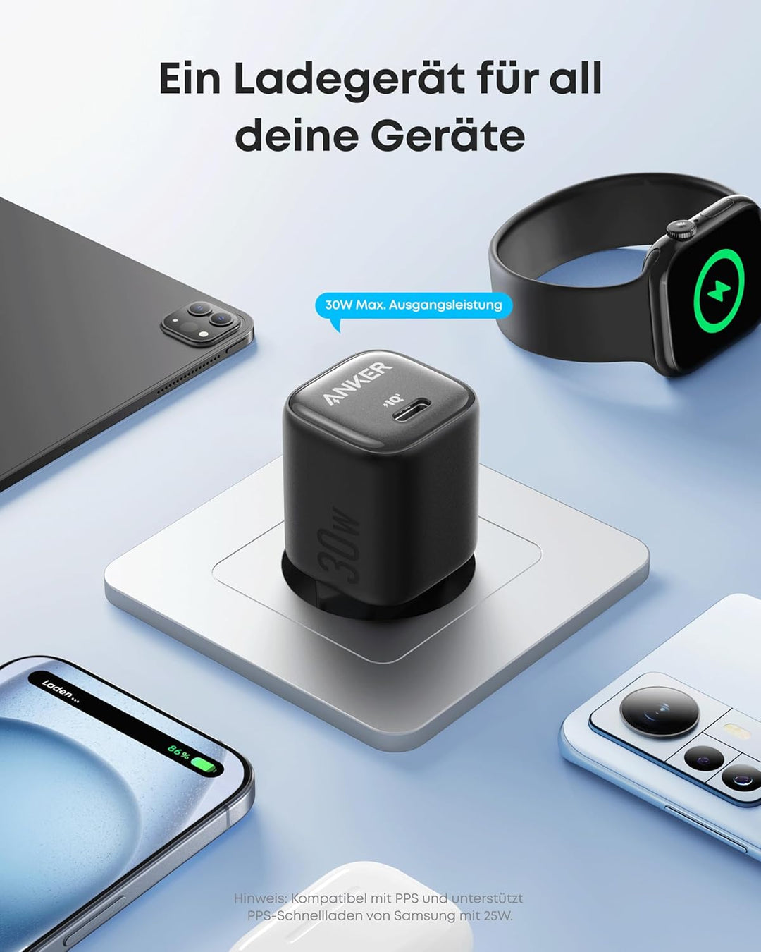 Anker 30W USB C Ladegerät, kompaktes GaN Schnellladegerät, 3X schnelleres Aufladen USB C Netzteil, K