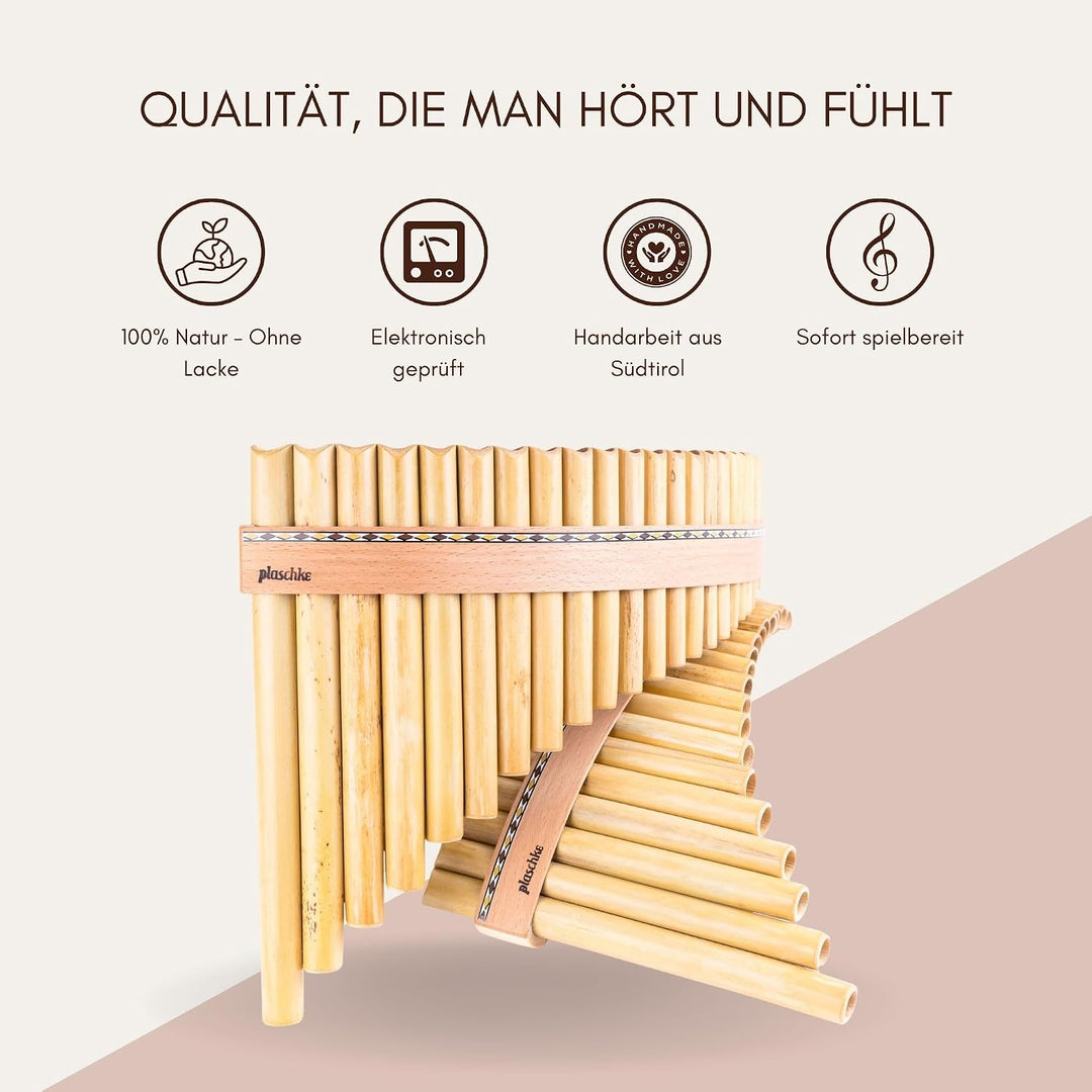 Plaschke Panflöte, Holz-Riemen Design, handgemacht aus Südtirol 18 Töne C-Dur 18 Töne C/Do, 18 Töne