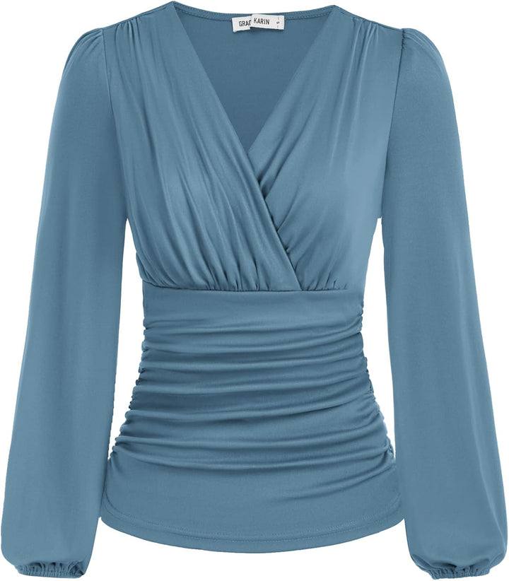 GRACE KARIN 2024 Damen-Oberteil, elegant, Wickelbluse, V-Ausschnitt, Arbeitshemden, Herbstmode, lang