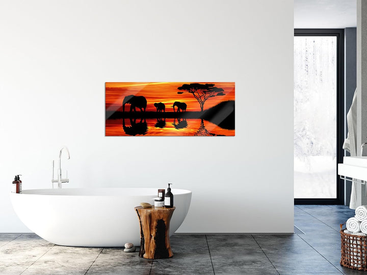 Glasbild Panorama | Wandbild aus Echtglas | Afrika Elefant in Sonnenschein | 120x50 cm | inkl. Aufhä