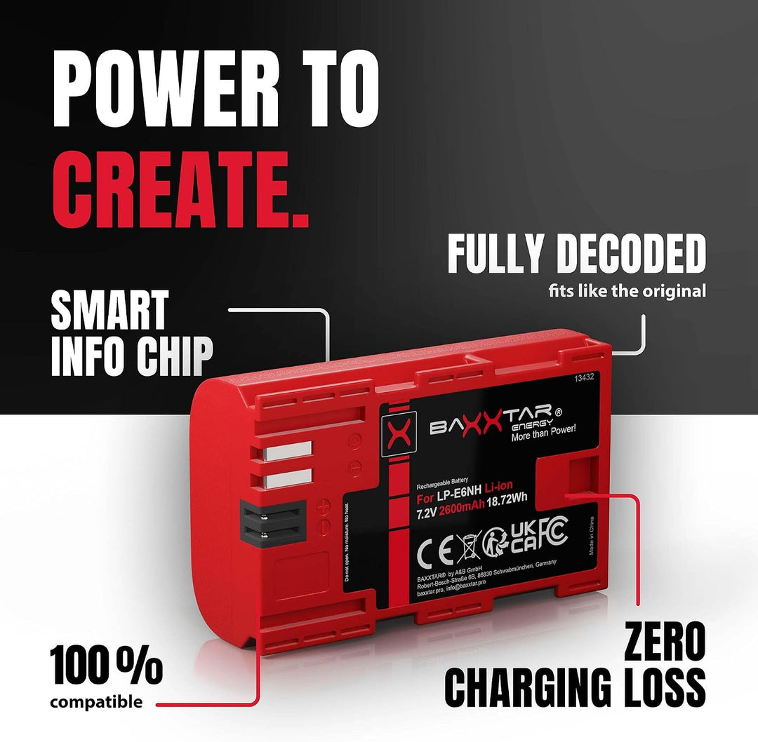 Baxxtar (2X) Pro LP-E6NH (2250mAh) kompatibel mit Canon R5 R6 R7 (Nicht mit R5c) usw. - Mini 18602 L