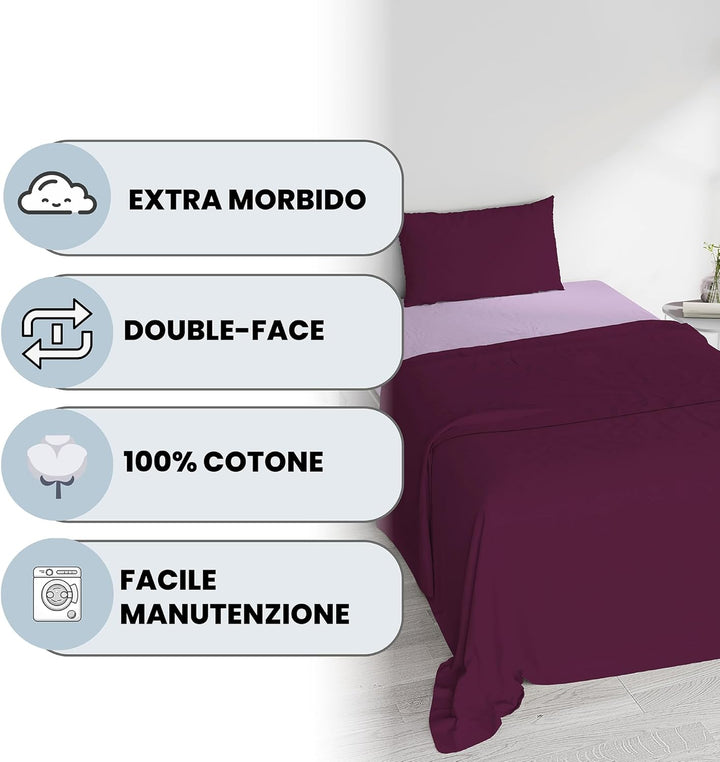Italian Bed Linen Bettwäsche-Set aus 100% Baumwolle, naturfarben, Pflaume/Lila, Einzelbett Einzelbet