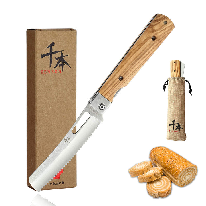 SENBON 440A Stainless Steel Pocket Folding Japanese stil Bread Knife Natural Olive Handle Camping Tr