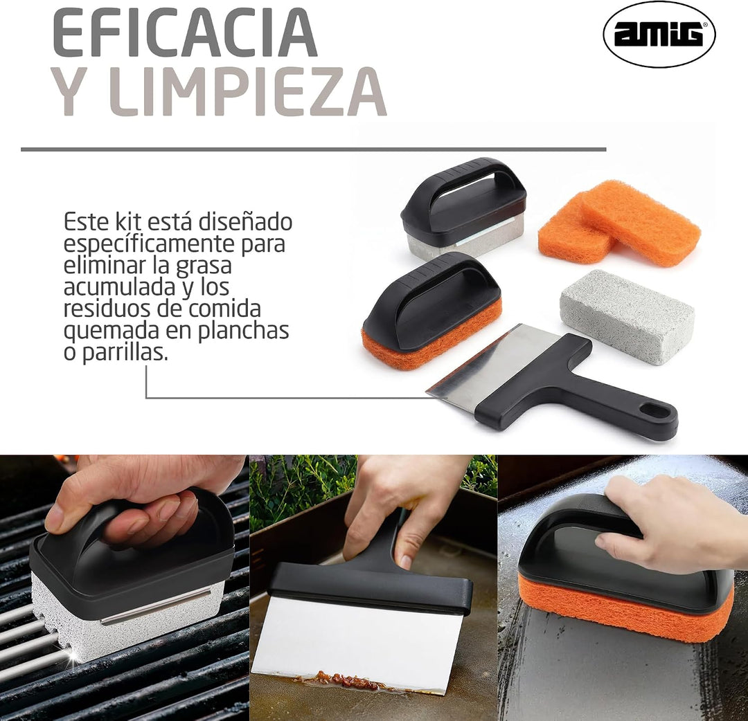 Amig - Kit 8 Reinigungszubehör für Grill AM22 - Schaber 23 cm + 3 Polyester-Schwämme + 1 PP-Schwamm
