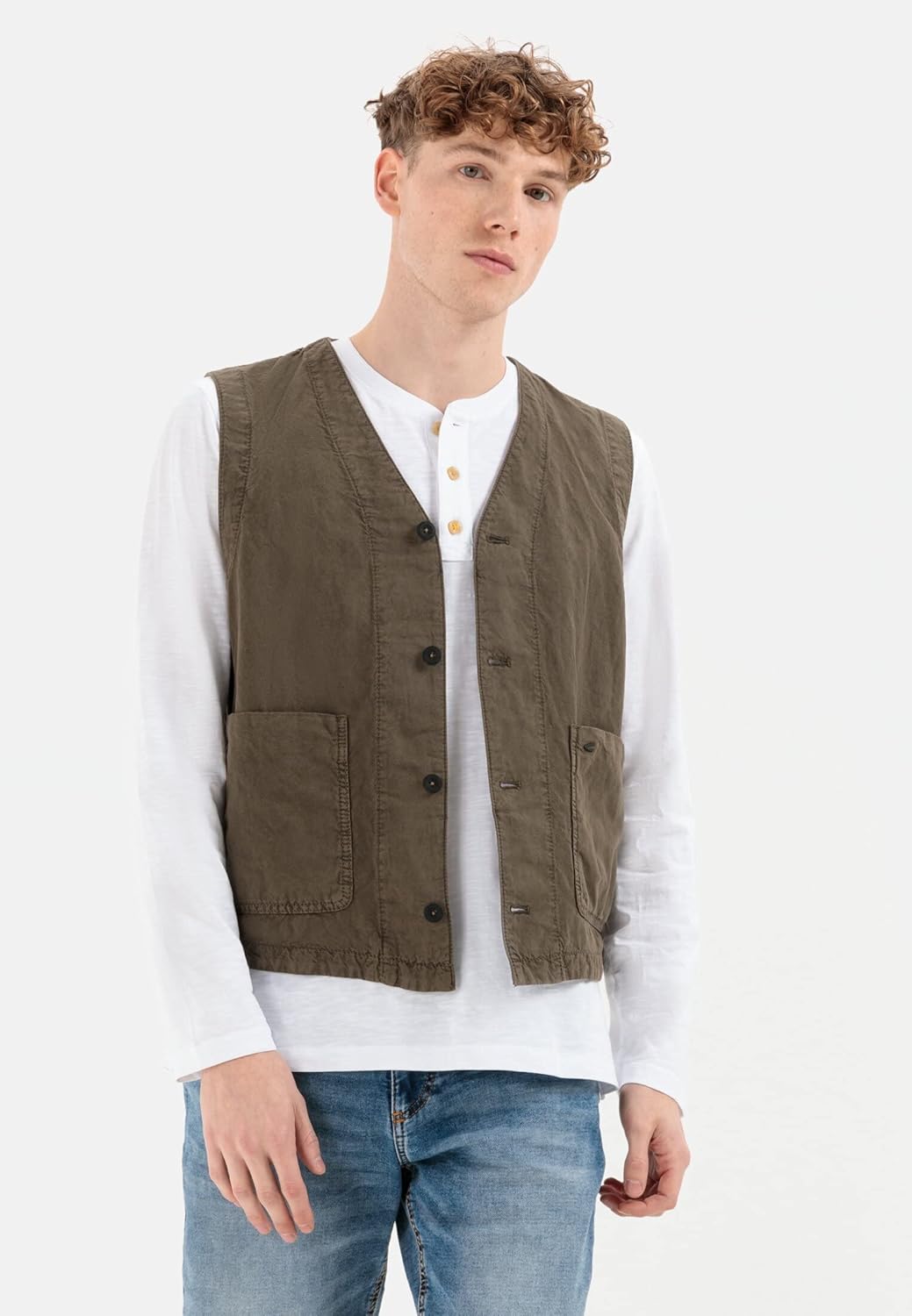 camel active Herren Casual Weste aus einem Baumwoll-Leinenmix 48 Oliv Braun, 48 Oliv Braun