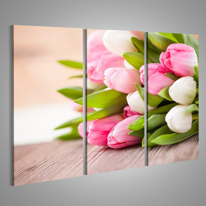 islandburner Bild auf Leinwand Strauss Tulpen Rosa Weiss Auf Tisch Bilder Wandbilder Poster Leinwand