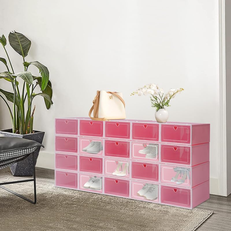 Schuhboxen 20 Stück Transparent Rosa Stapelbare Schuhkartons mit Klapptür und Belüftung, Schuh Organ