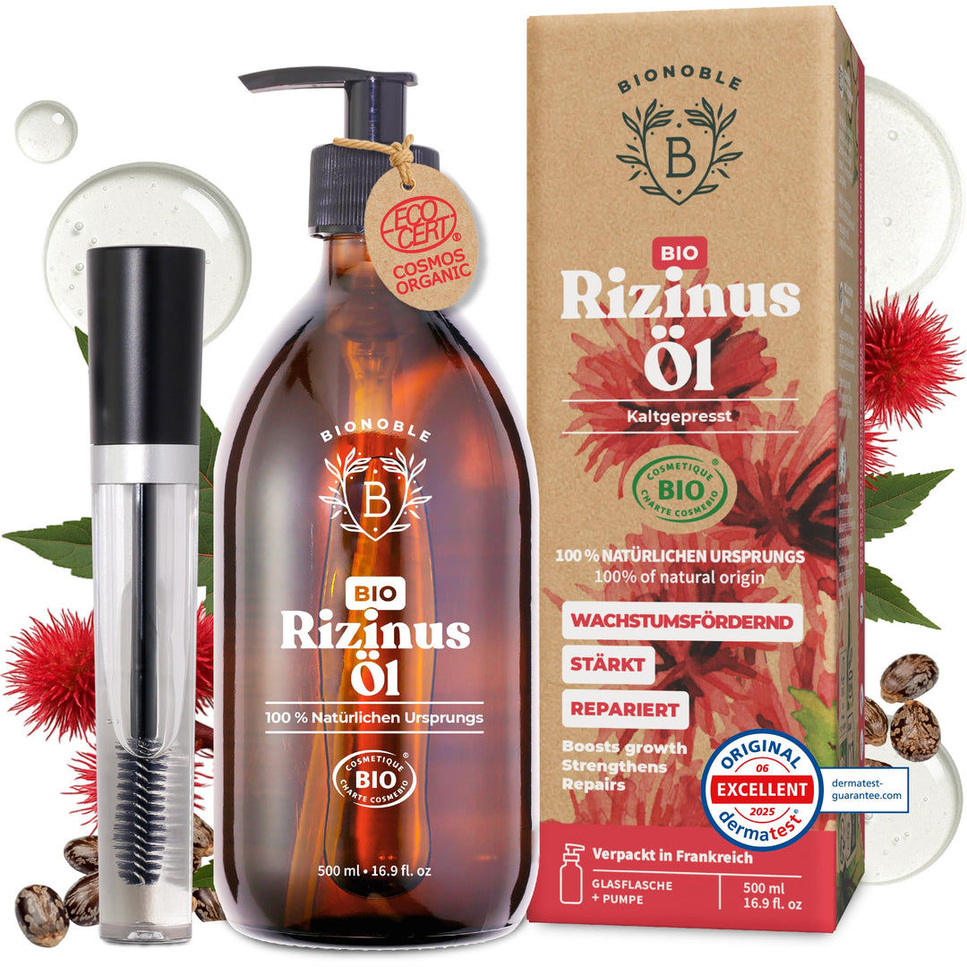 BIONOBLE Rizinusöl Kaltgepresst Bio + Mascara-Kit, 100% Natürlich - Wachstumsfördernd, Repariert - R