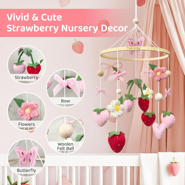 Mobile Baby mit Erdbeere, Blumen und Filzbällen Mädchen baby mobile windspiel für Babybett, Mobile B