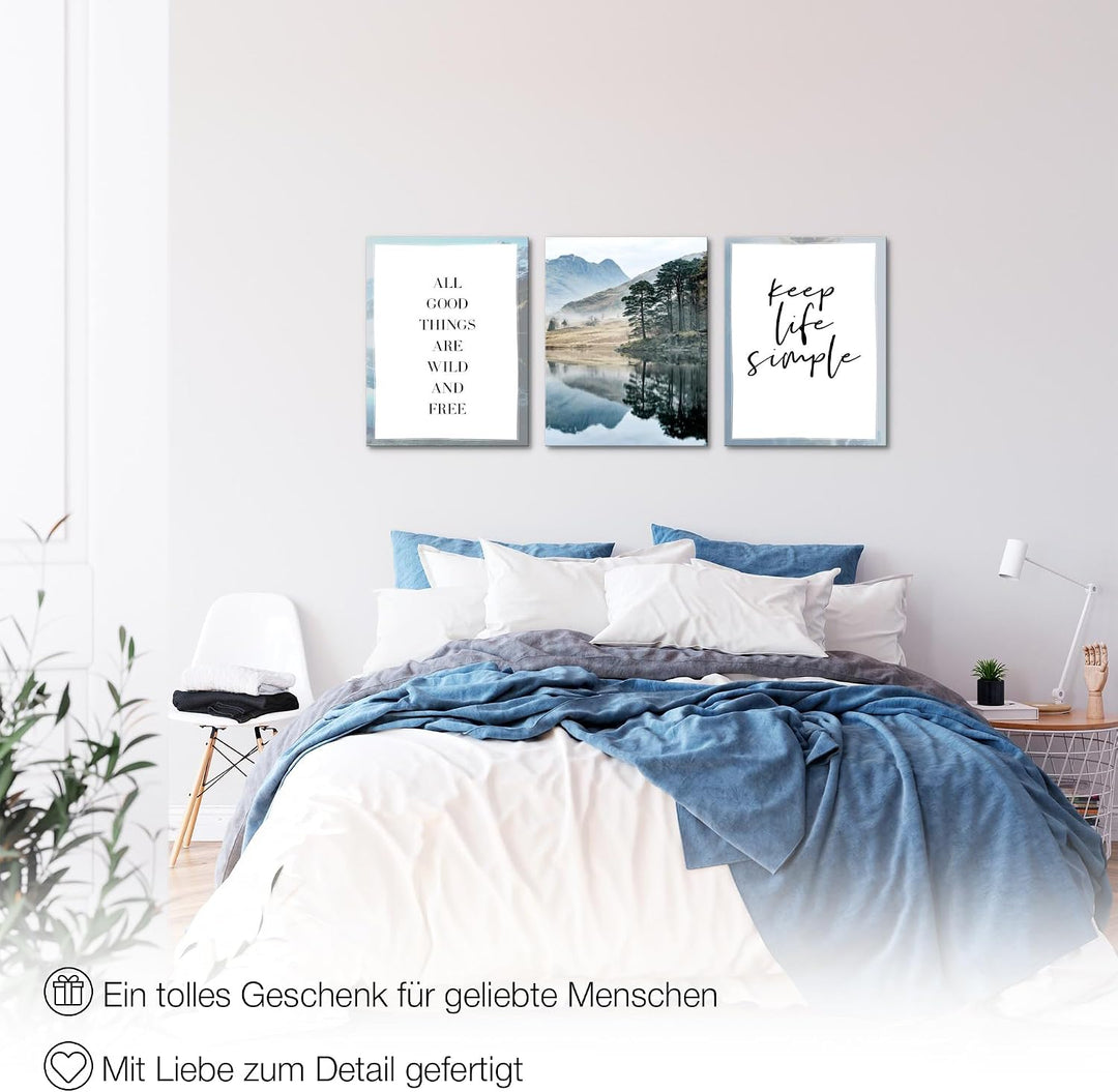 Novart Wandbilder Set See Berge - KOMPLETT AUFHÄNGFERTIG - Wohnzimmer Schlafzimmer Deko - 3 Moderne