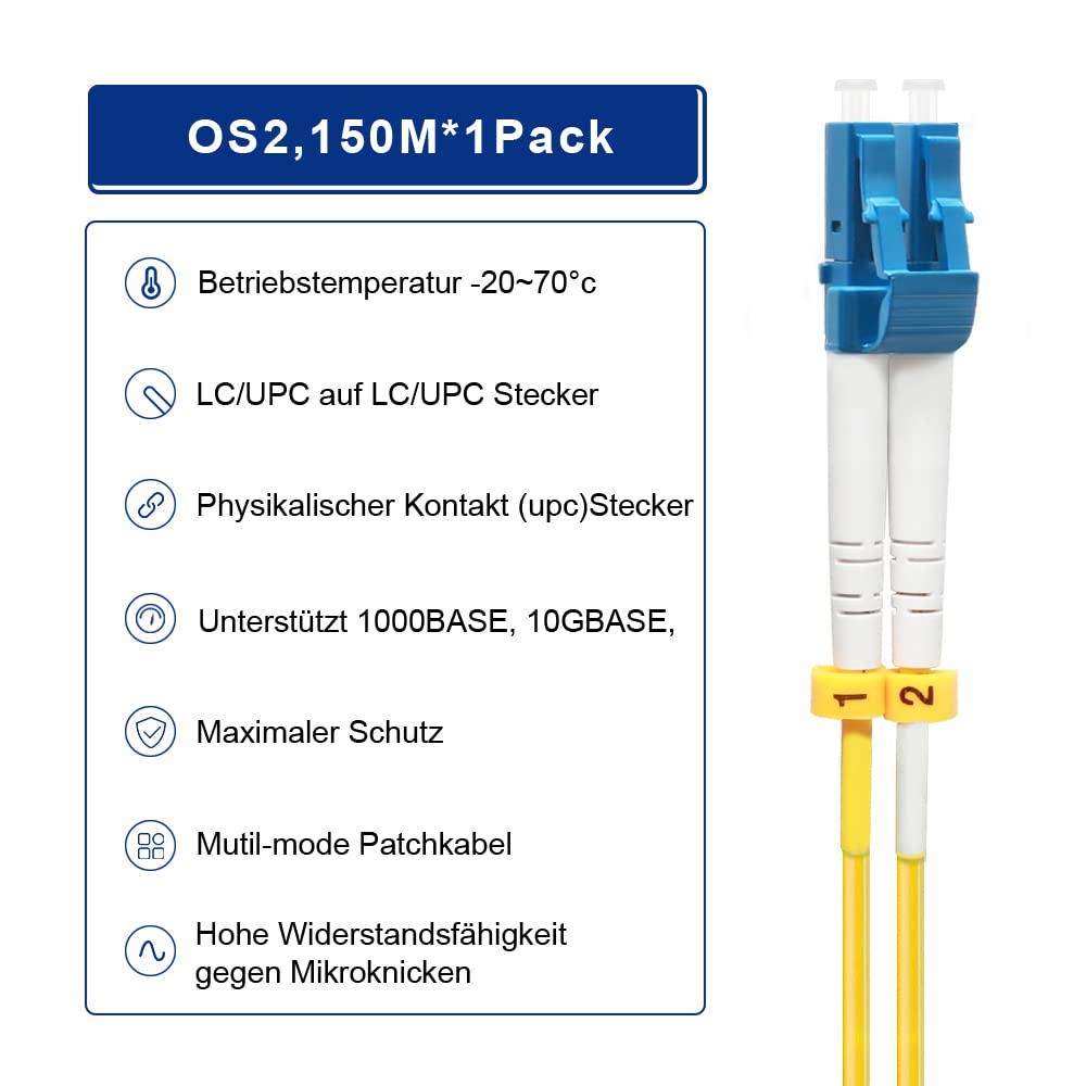 FLYPROFiber 150M OS2 LC auf LC LWL Glasfaser Patchkabel | Längenoptionen: 0,2m-200m, 1G/10GB Singlem