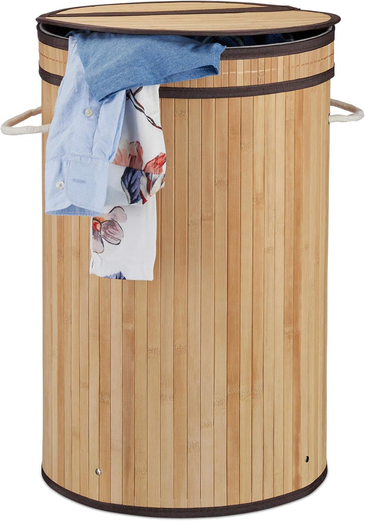 Relaxdays Wäschekorb Bambus, runder Wäschesammler mit Klappdeckel, 65 l, faltbare Wäschetonne, rund