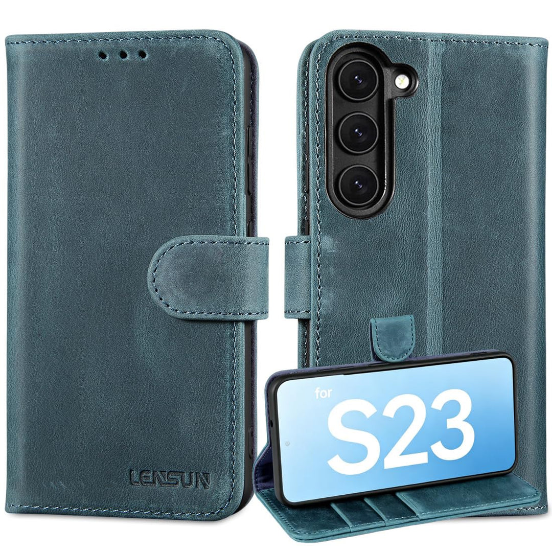 LENSUN Echtleder Handyhülle für Samsung Galaxy S23, Lederhülle [RFID Schutz Kartenfach][Standfanktio