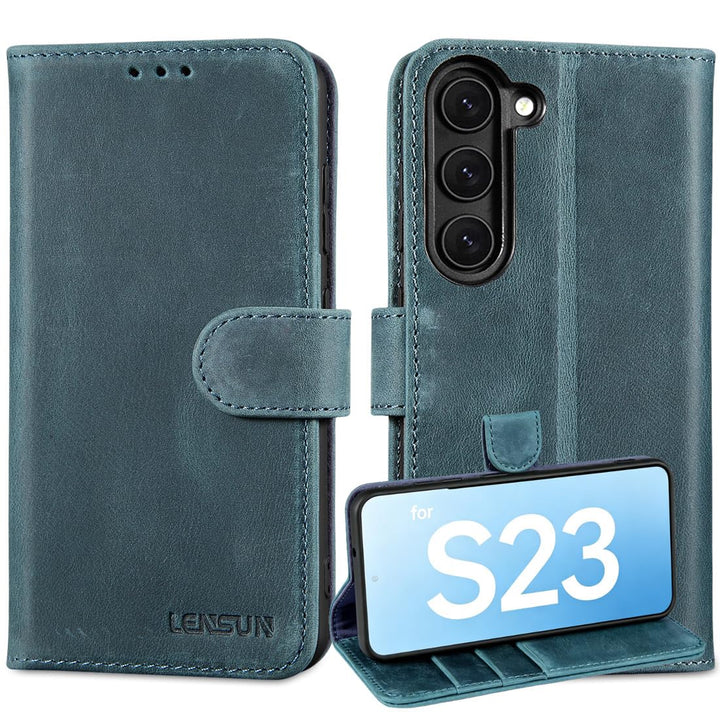LENSUN Echtleder Handyhülle für Samsung Galaxy S23, Lederhülle [RFID Schutz Kartenfach][Standfanktio