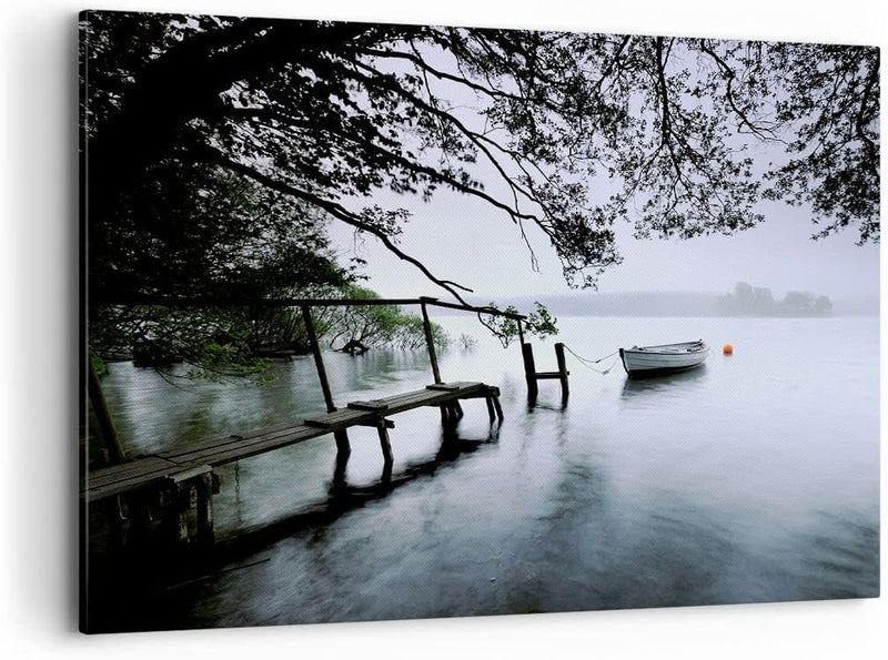 Bilder auf Leinwand 100x70cm Leinwandbild mit Rahmen See Dock Boot Bäume Gross Wanddeko Bild Schlafz